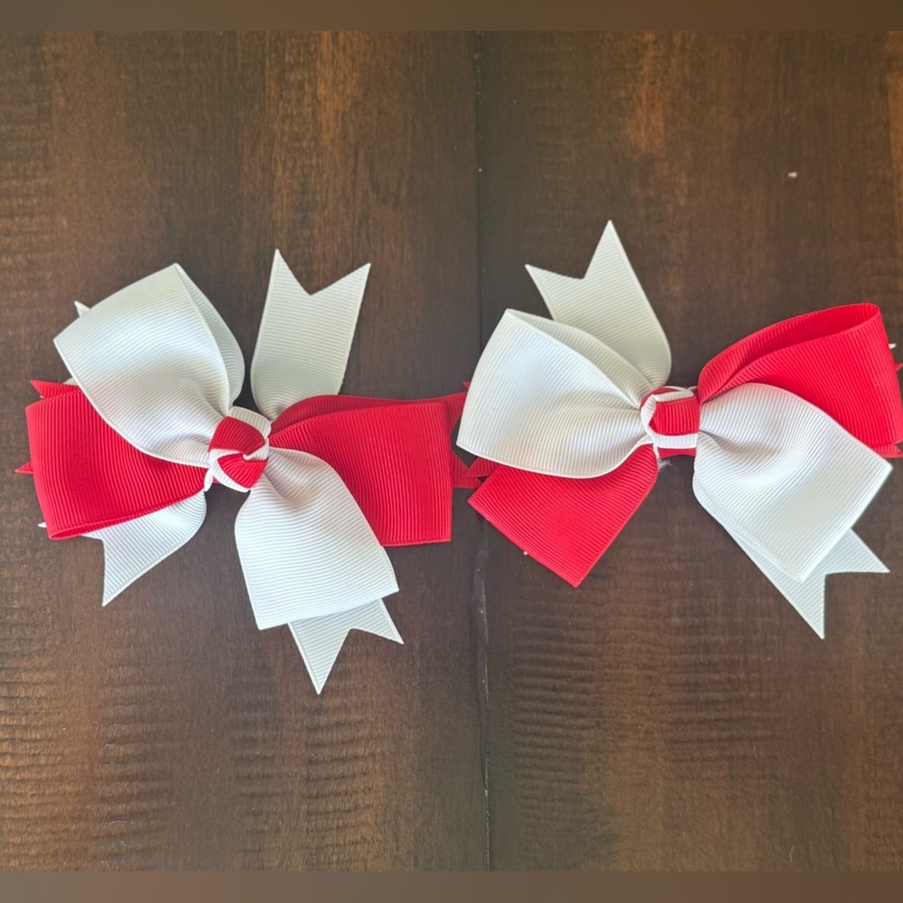 2 Red and White Hair Bows Barrettes
